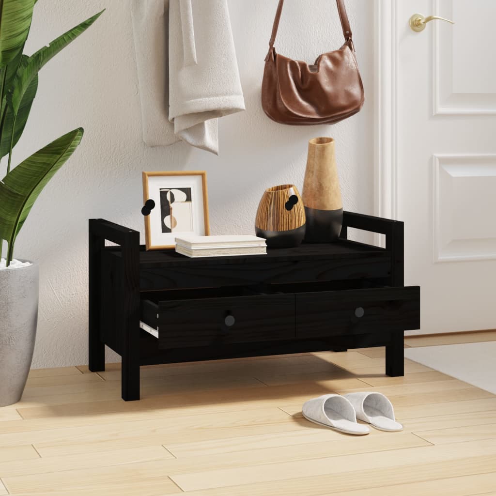 Solid Pine Wood Hall Bench - Black 80x40x43 cm