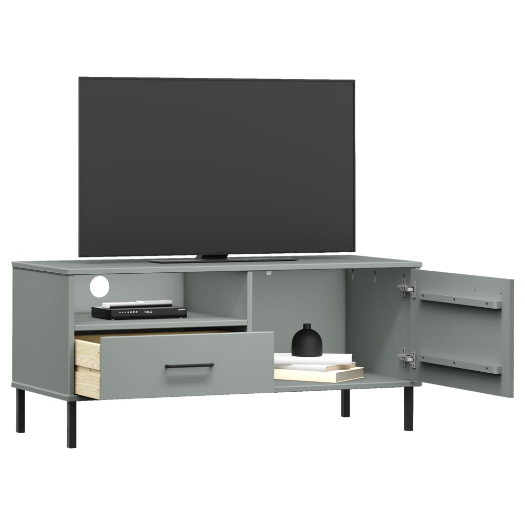 TV Cabinet with Metal Legs Grey Solid Wood Pine OSLO