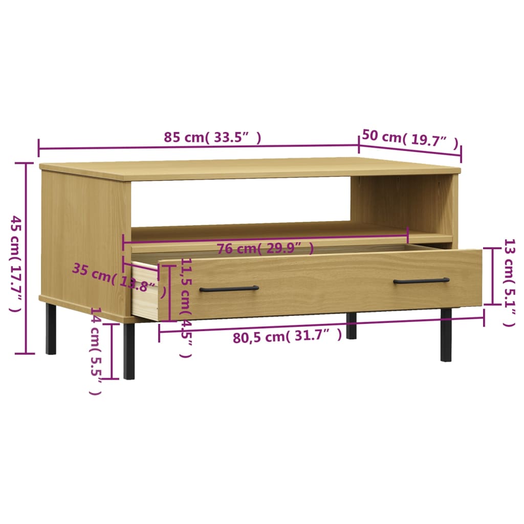 Coffee Table with Metal Legs Brown 85x50x45cm Solid Wood OSLO