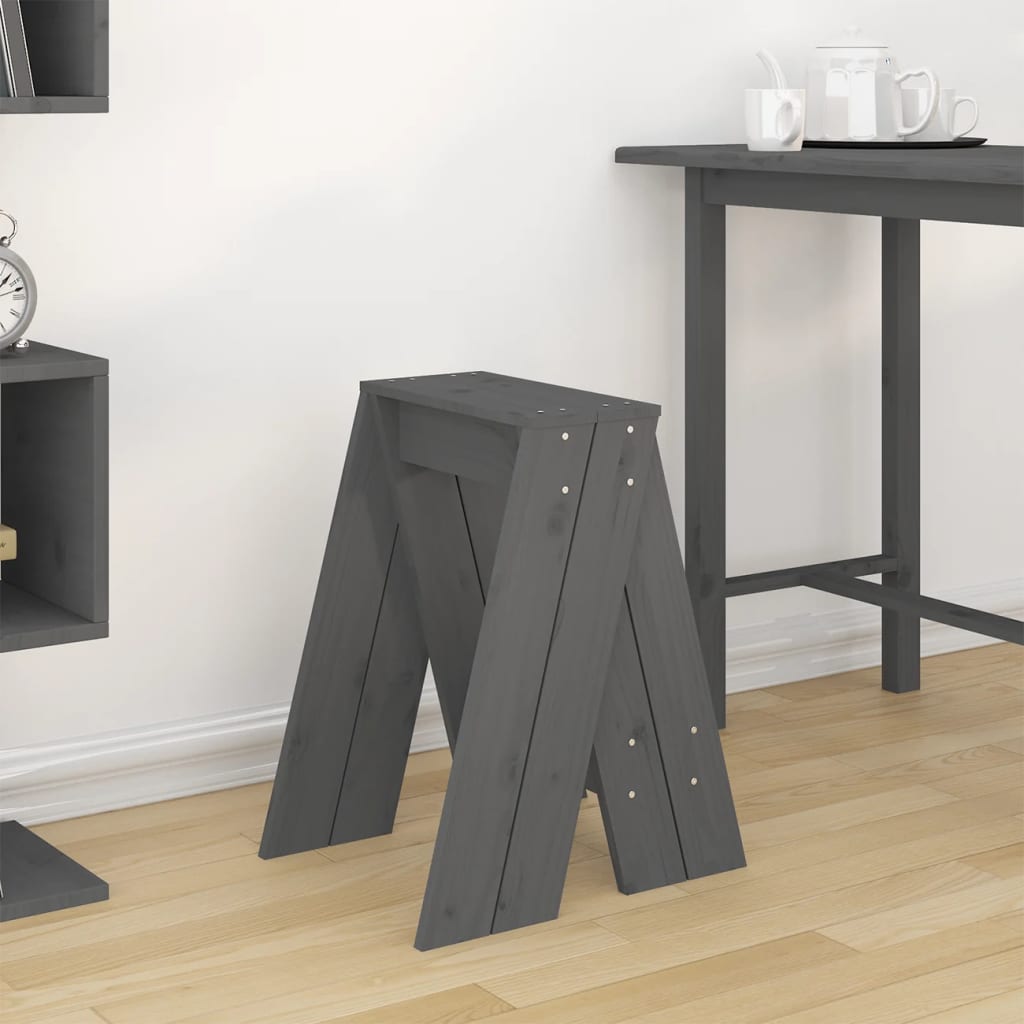Solid Pine Wood Grey Stools - Set of 2 (40x40x60 cm)