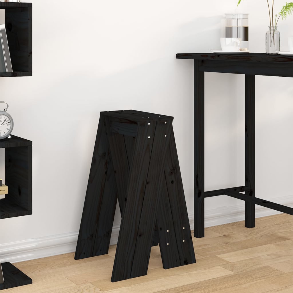 Black Solid Wood Pine Stools - Set of 2, 40x40x75 cm