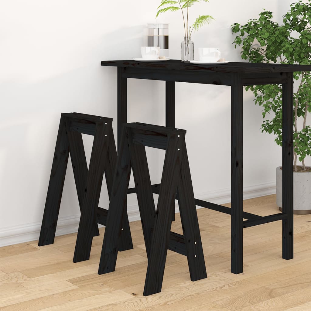 Black Solid Wood Pine Stools - Set of 2, 40x40x75 cm