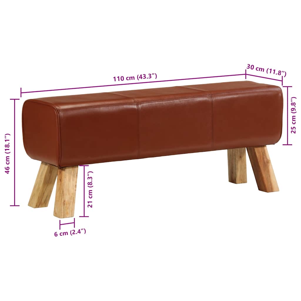 Gym Bok Bench Brown 110 cm Real Leather and Solid Wood Mango
