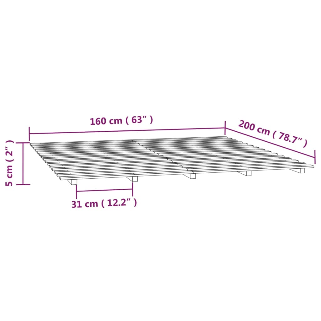 Solid Wood Pine Bed Frame, White, 160x200 cm – Without Mattress