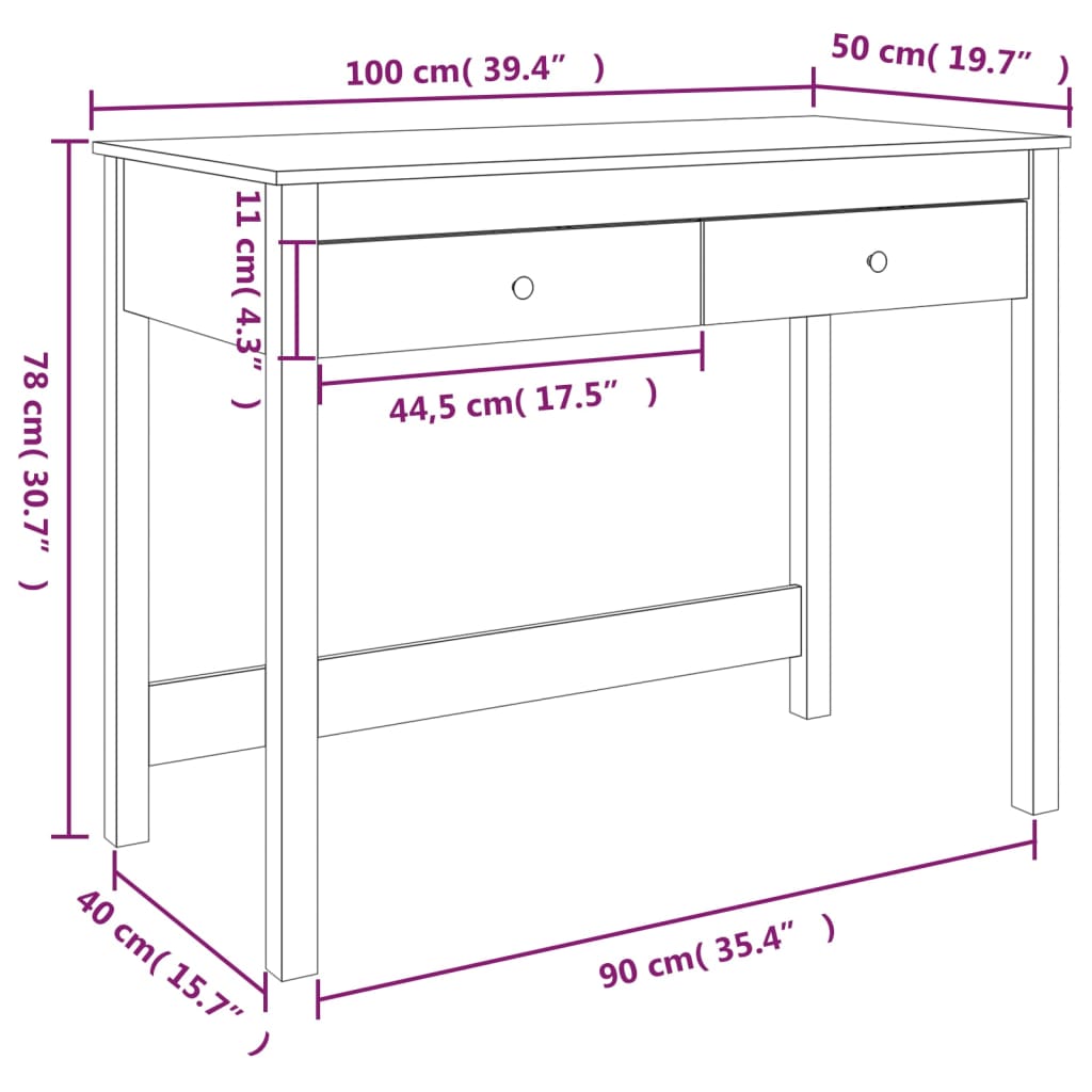 Desk with Drawers Black 100x50x78 cm Solid Wood Pine