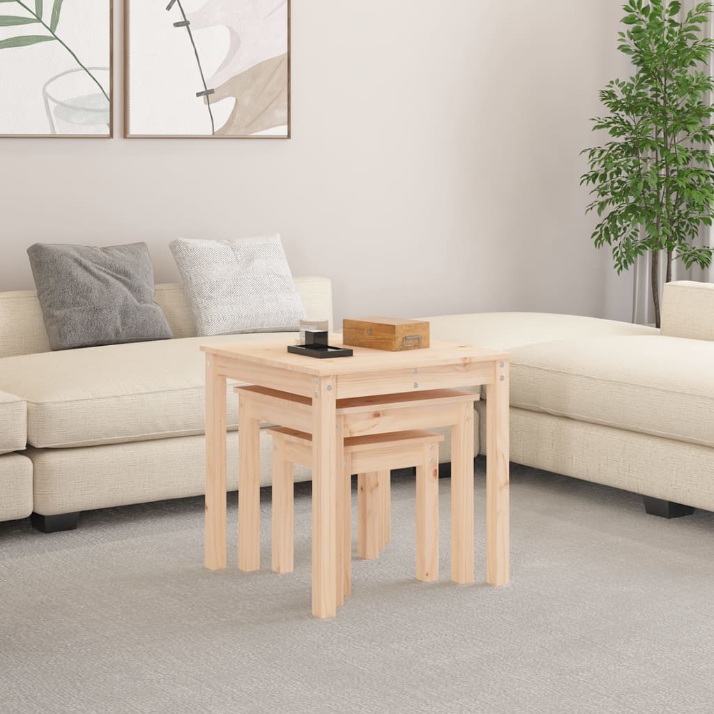 3-Piece Solid Pine Wood Nesting Tables Set - Natural Finish