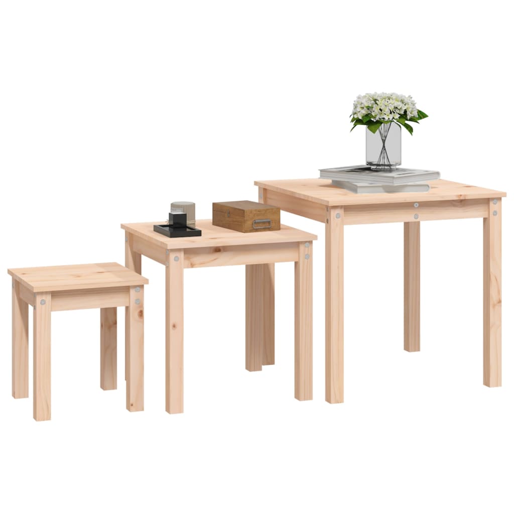 3-Piece Solid Pine Wood Nesting Tables Set - Natural Finish