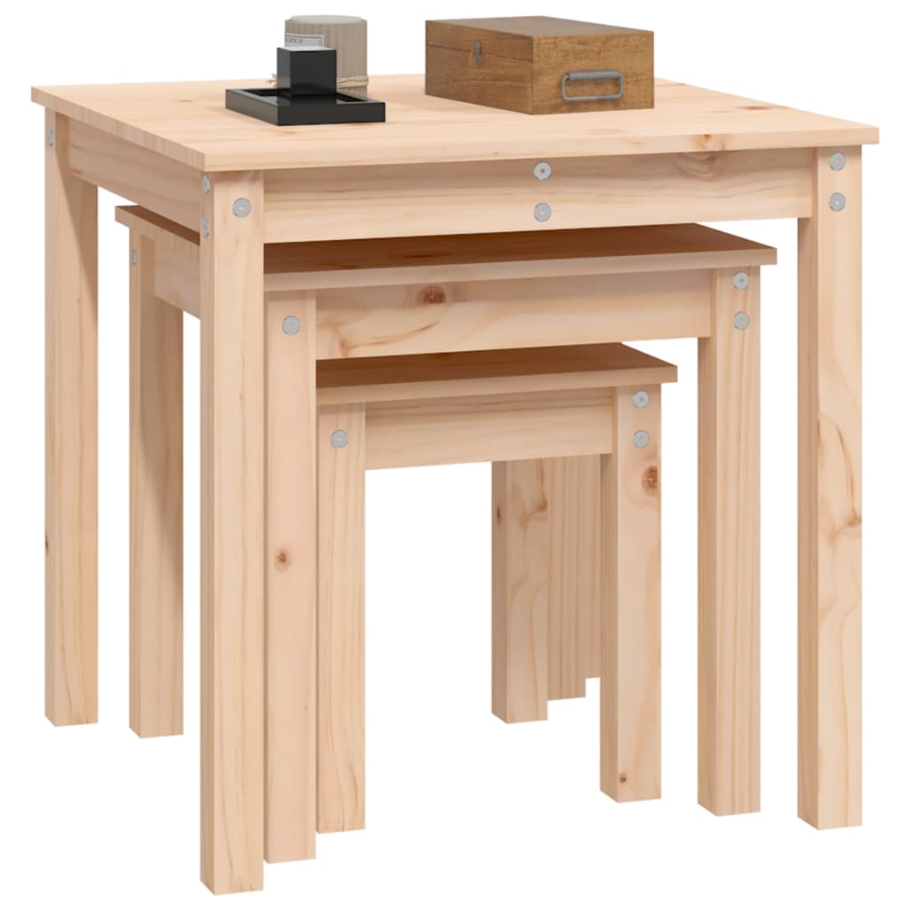 3-Piece Solid Pine Wood Nesting Tables Set - Natural Finish