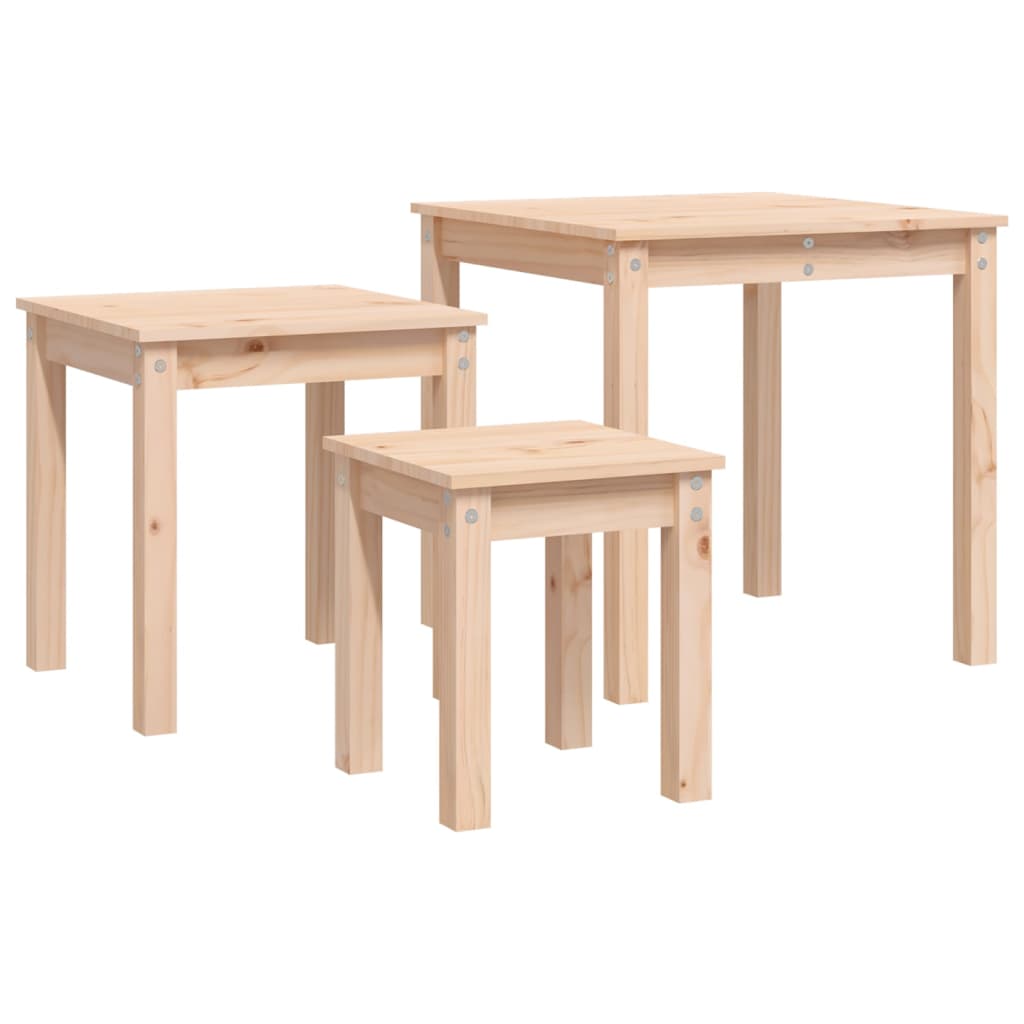 3-Piece Solid Pine Wood Nesting Tables Set - Natural Finish