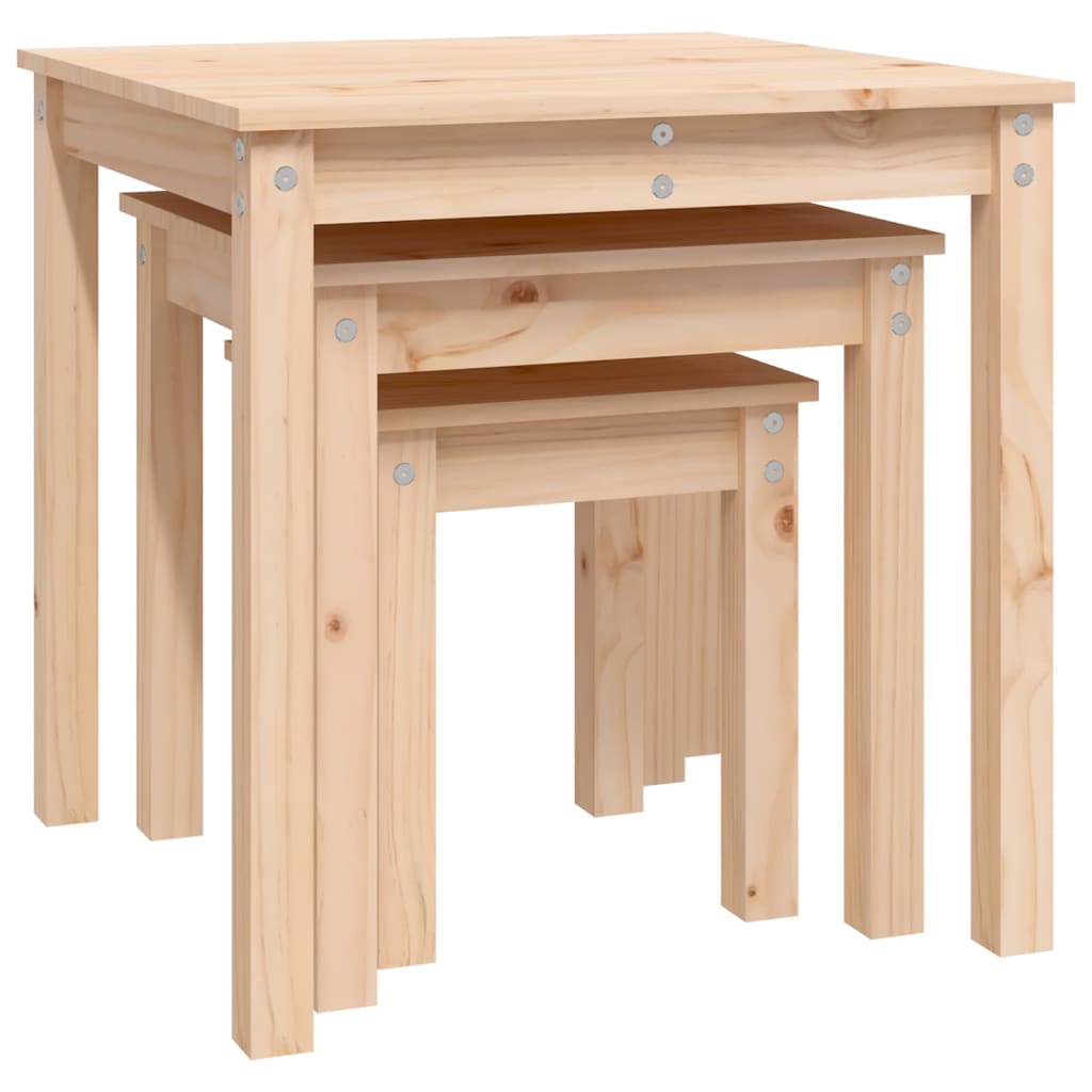 3-Piece Solid Pine Wood Nesting Tables Set - Natural Finish