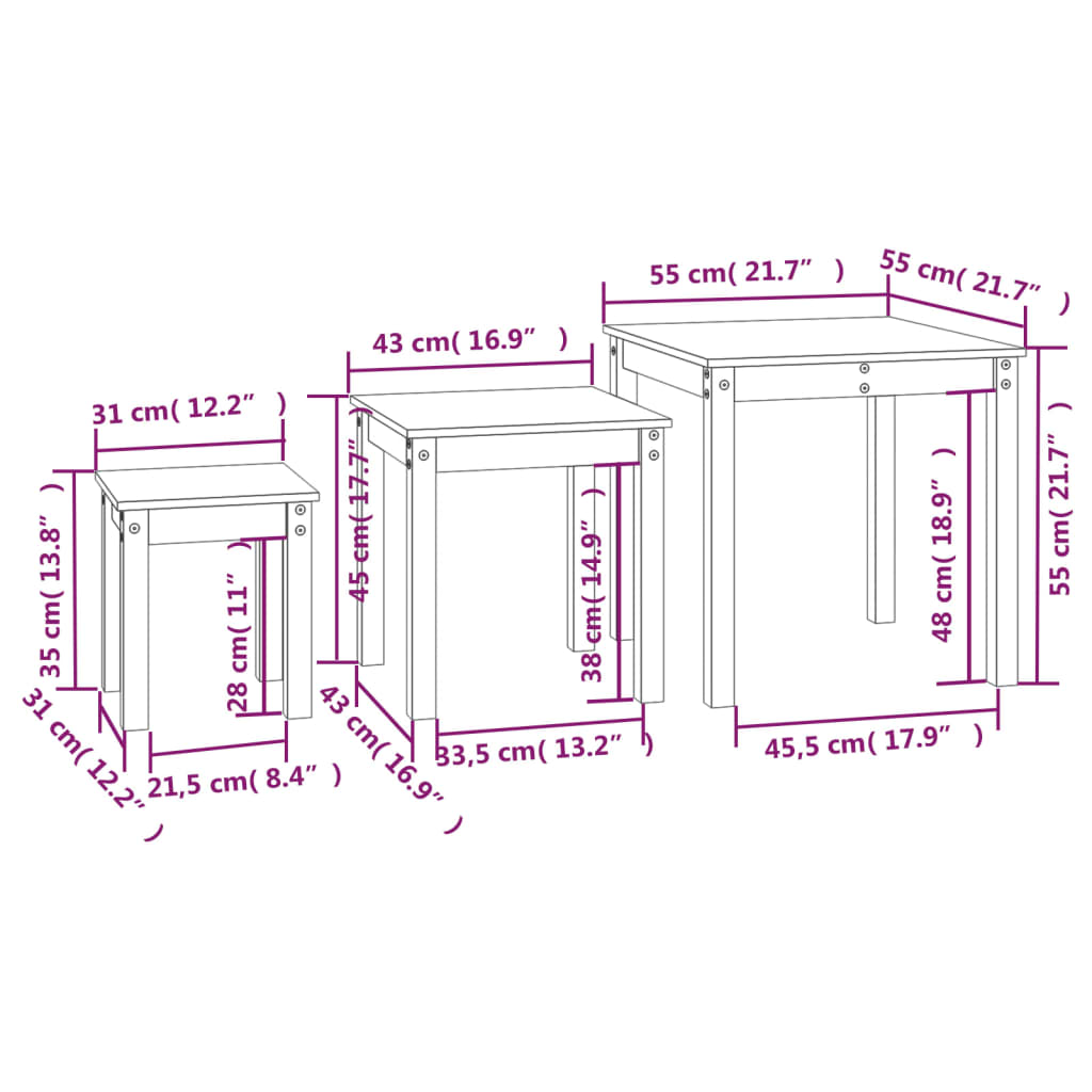 3-Piece Solid Pine Wood Nesting Tables Set - Natural Finish