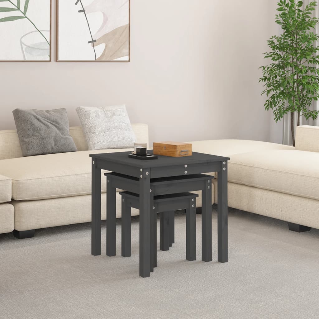 3-Piece Grey Pine Wood Nesting Tables Set