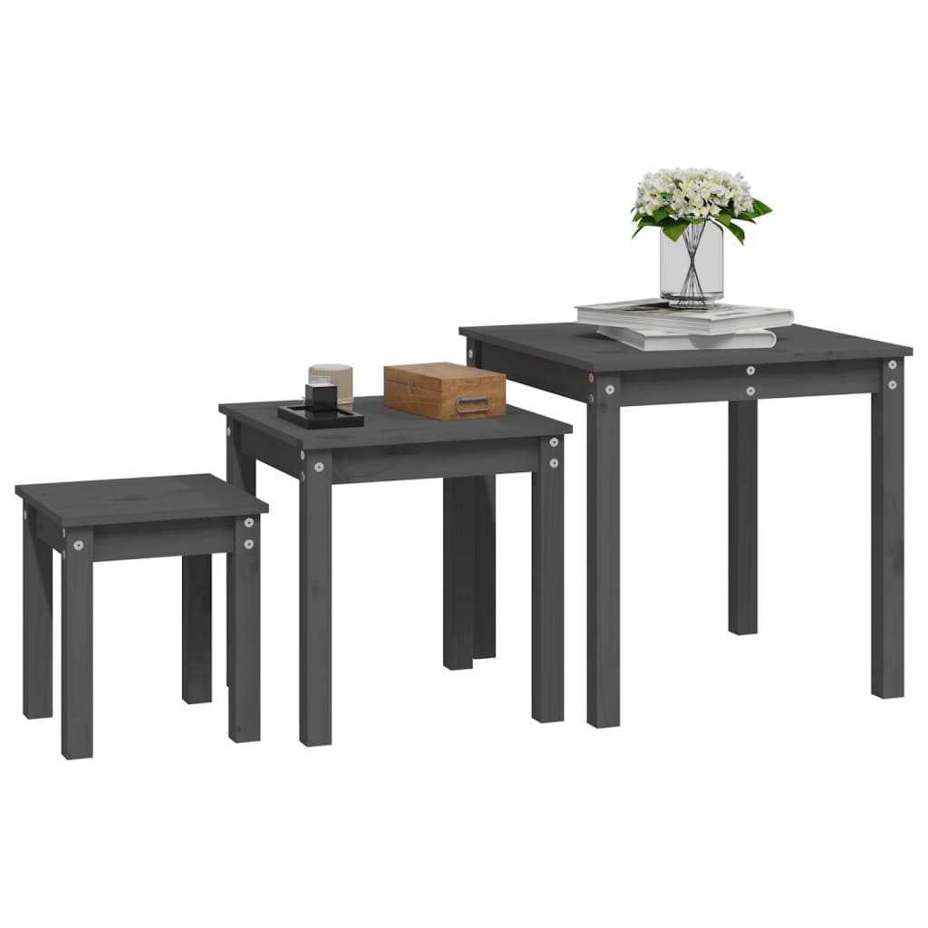 3-Piece Grey Pine Wood Nesting Tables Set