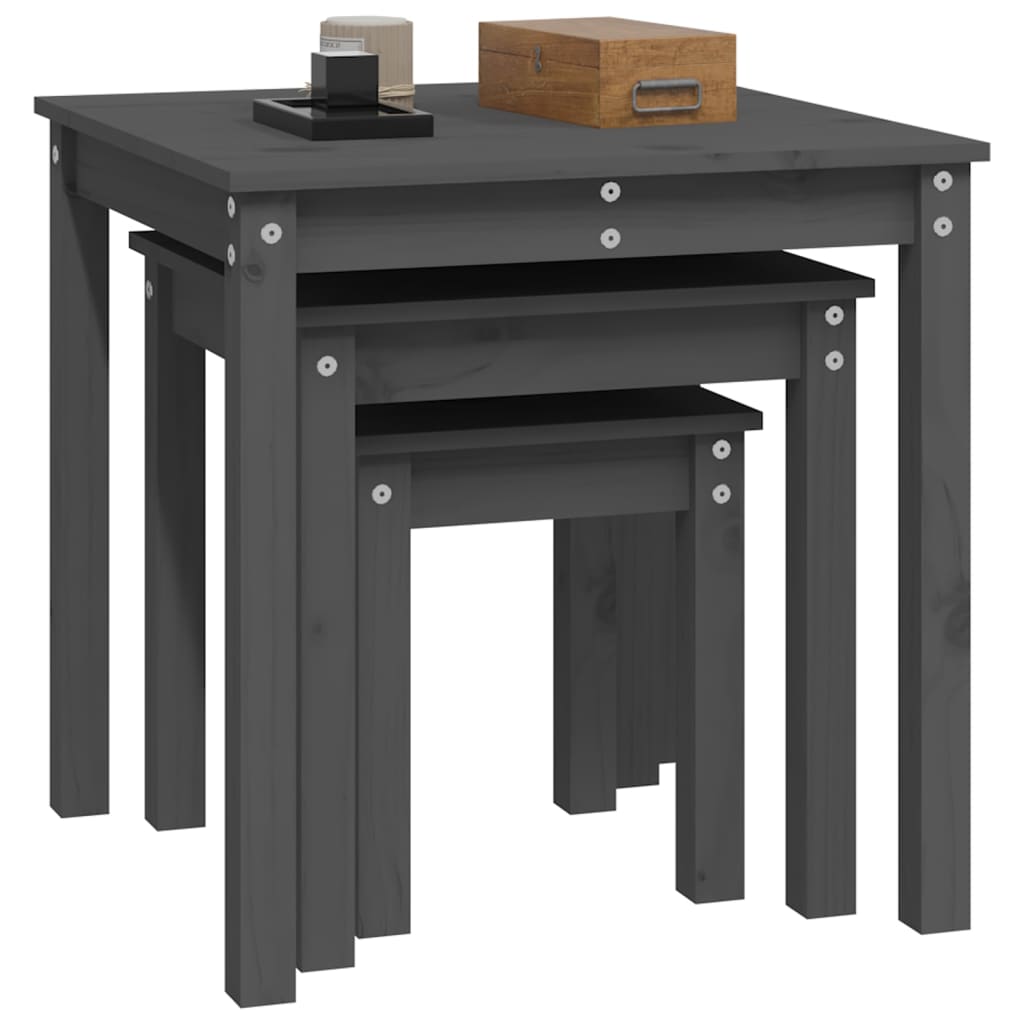 3-Piece Grey Pine Wood Nesting Tables Set
