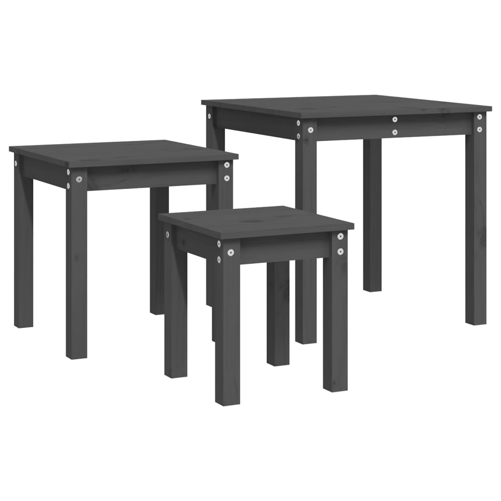 3-Piece Grey Pine Wood Nesting Tables Set