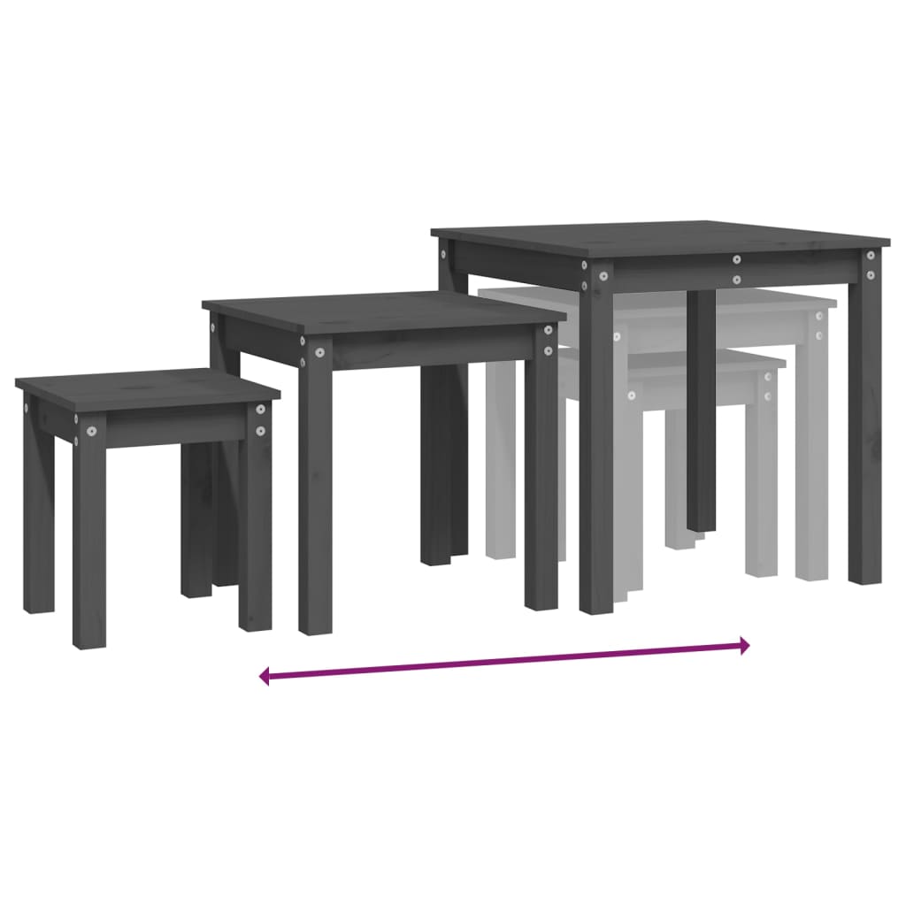 3-Piece Grey Pine Wood Nesting Tables Set