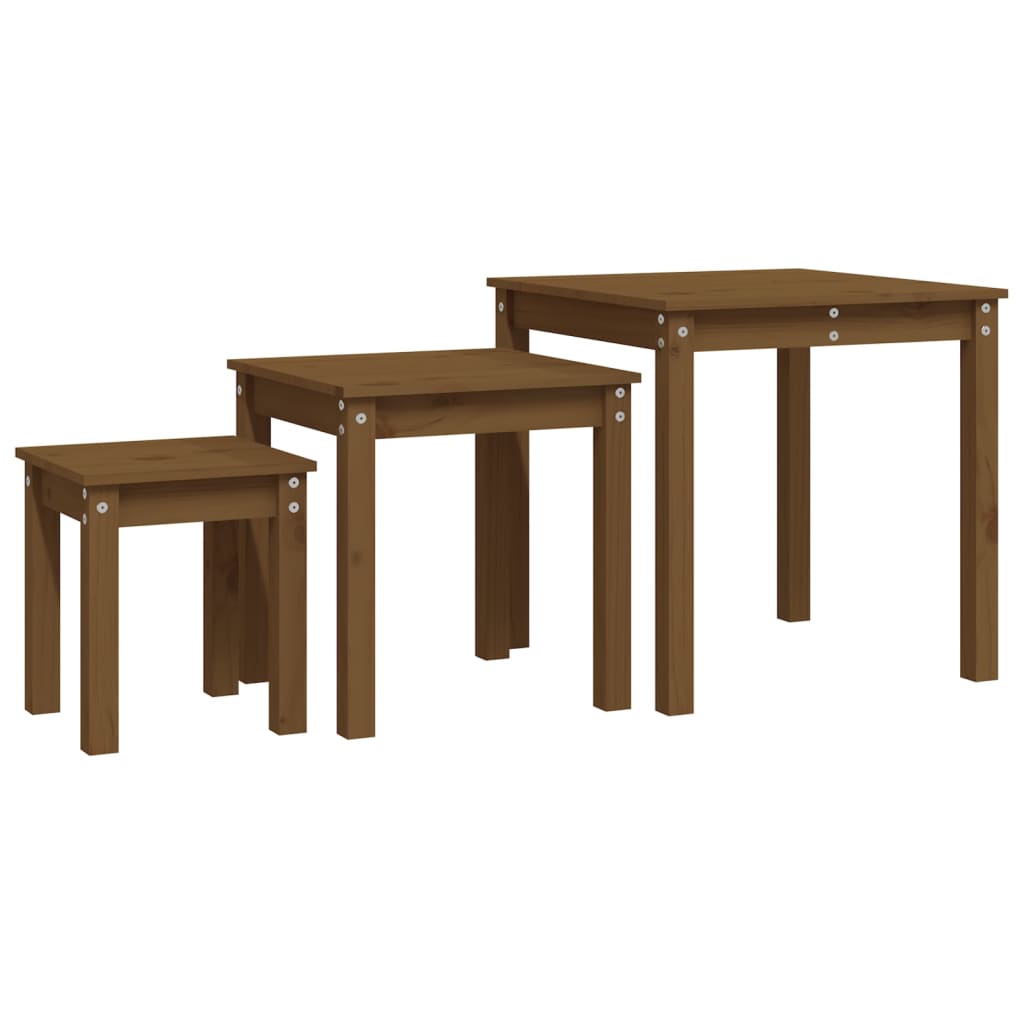 3-Piece Honey Brown Pine Wood Nesting Tables Set