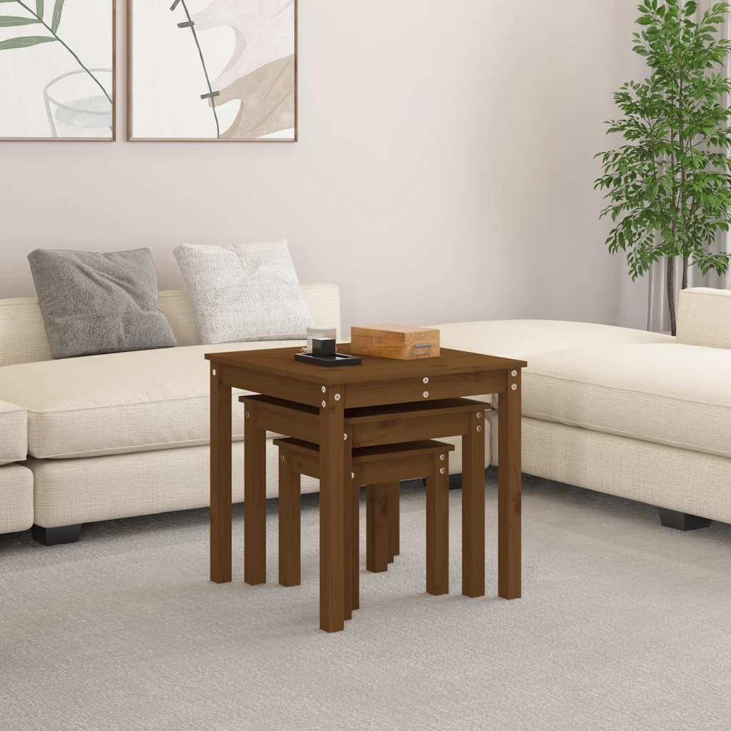 3-Piece Honey Brown Pine Wood Nesting Tables Set