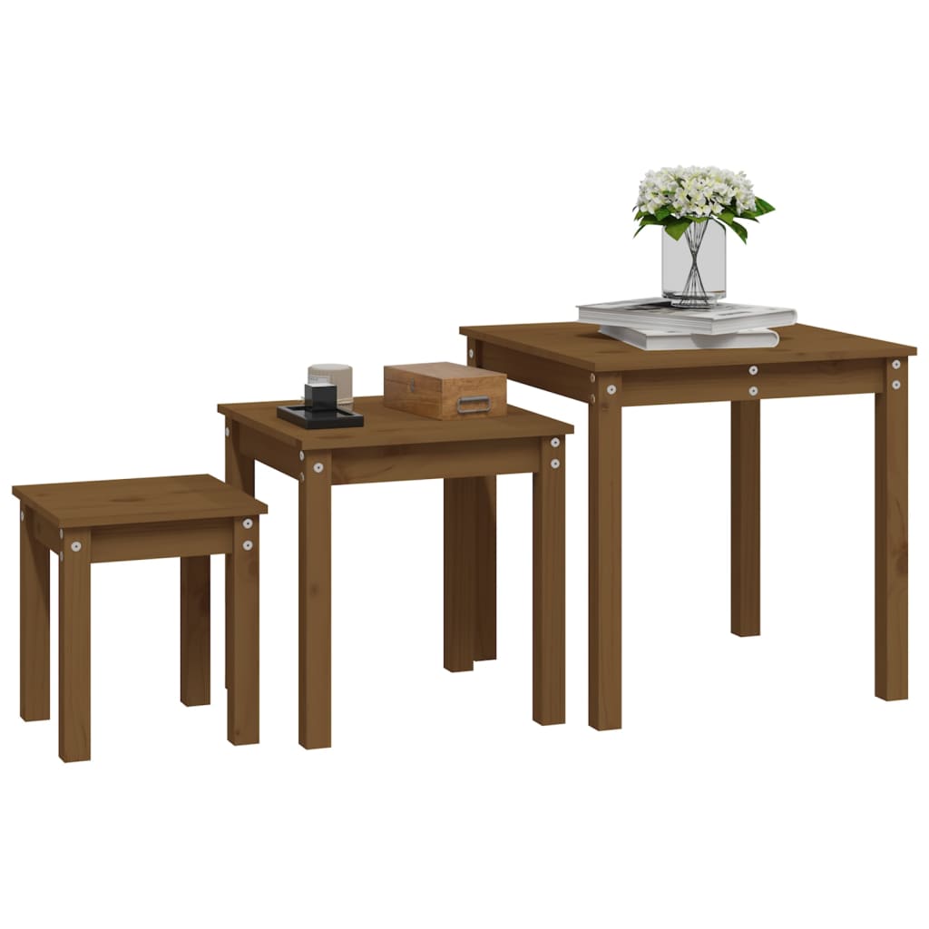 3-Piece Honey Brown Pine Wood Nesting Tables Set