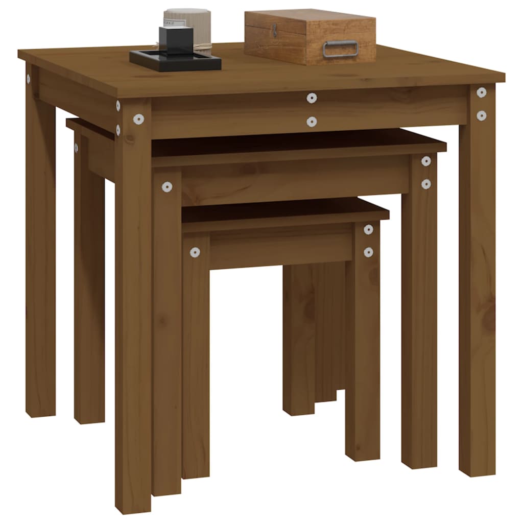 3-Piece Honey Brown Pine Wood Nesting Tables Set