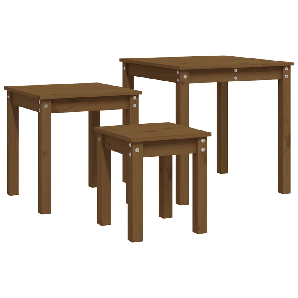 3-Piece Honey Brown Pine Wood Nesting Tables Set