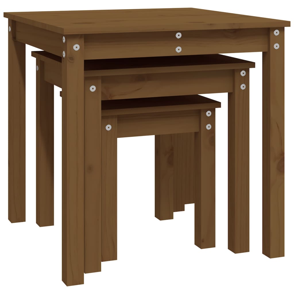 3-Piece Honey Brown Pine Wood Nesting Tables Set