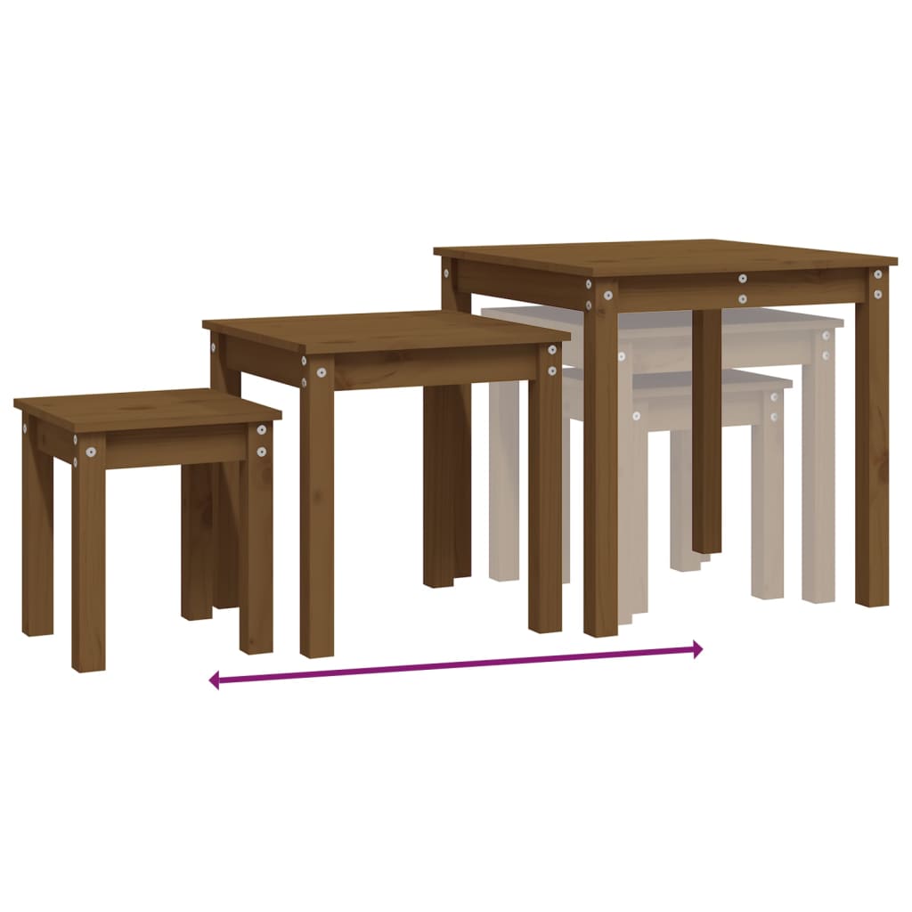 3-Piece Honey Brown Pine Wood Nesting Tables Set