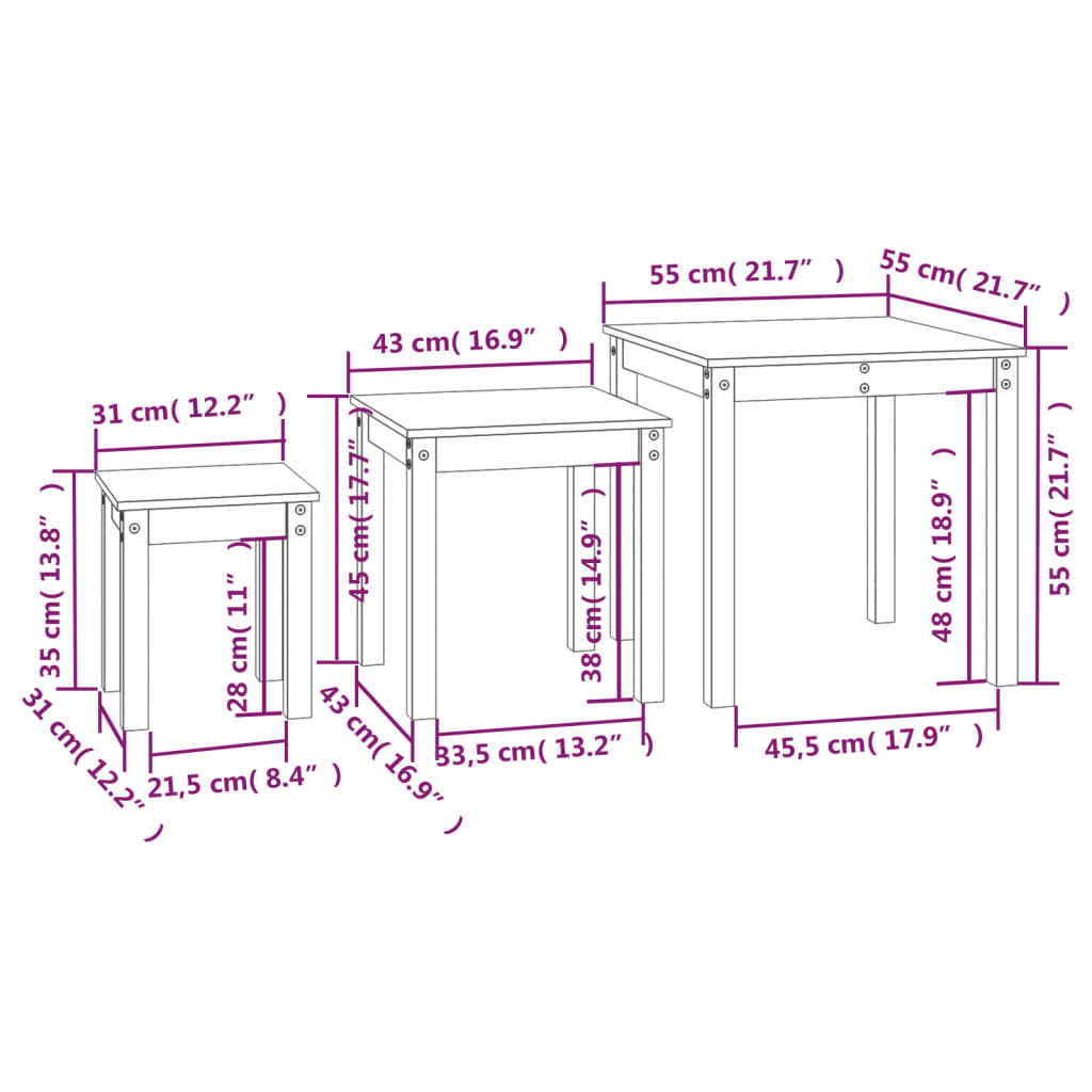 3-Piece Honey Brown Pine Wood Nesting Tables Set