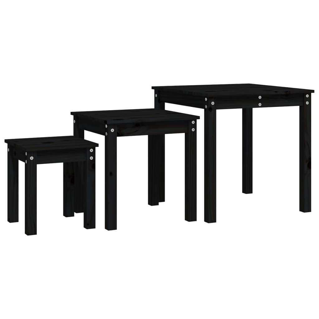 3-Piece Nesting Tables Set - Solid Pine Wood, Black