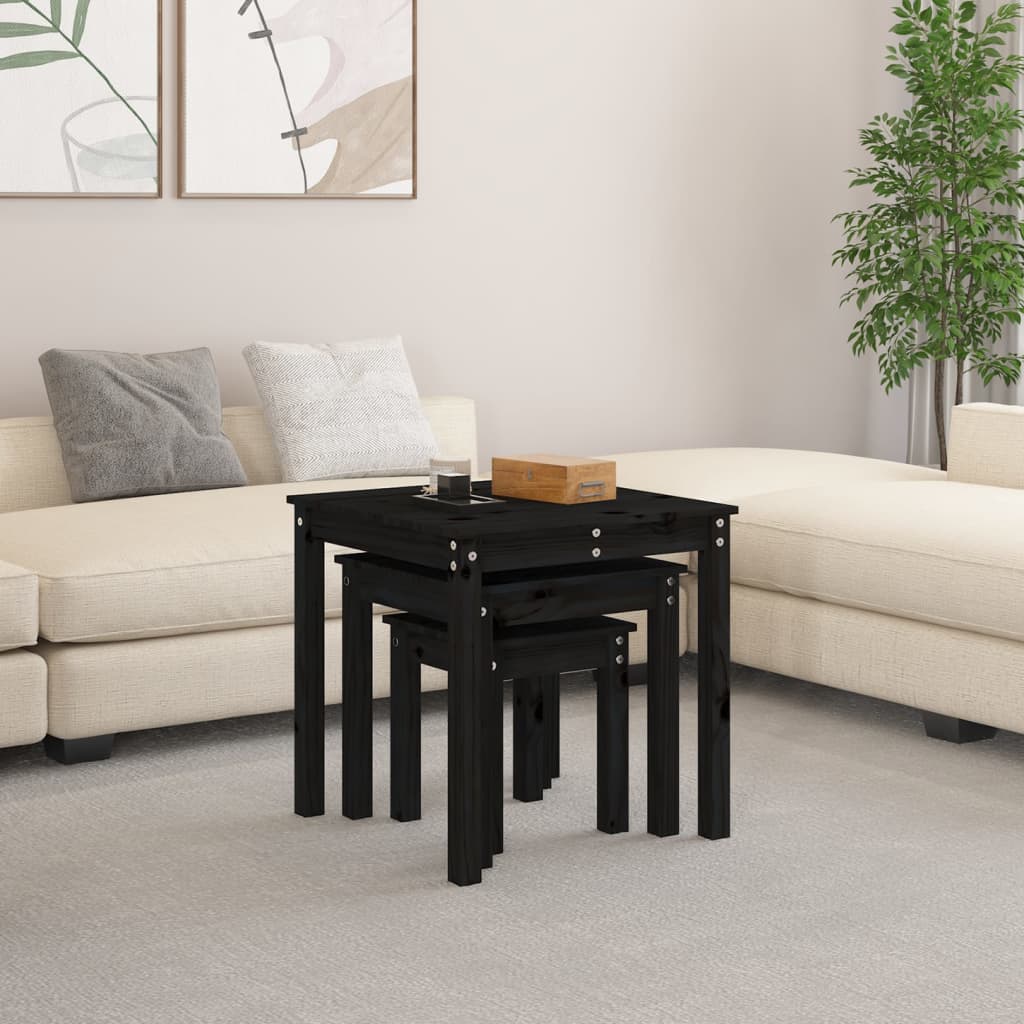 3-Piece Nesting Tables Set - Solid Pine Wood, Black