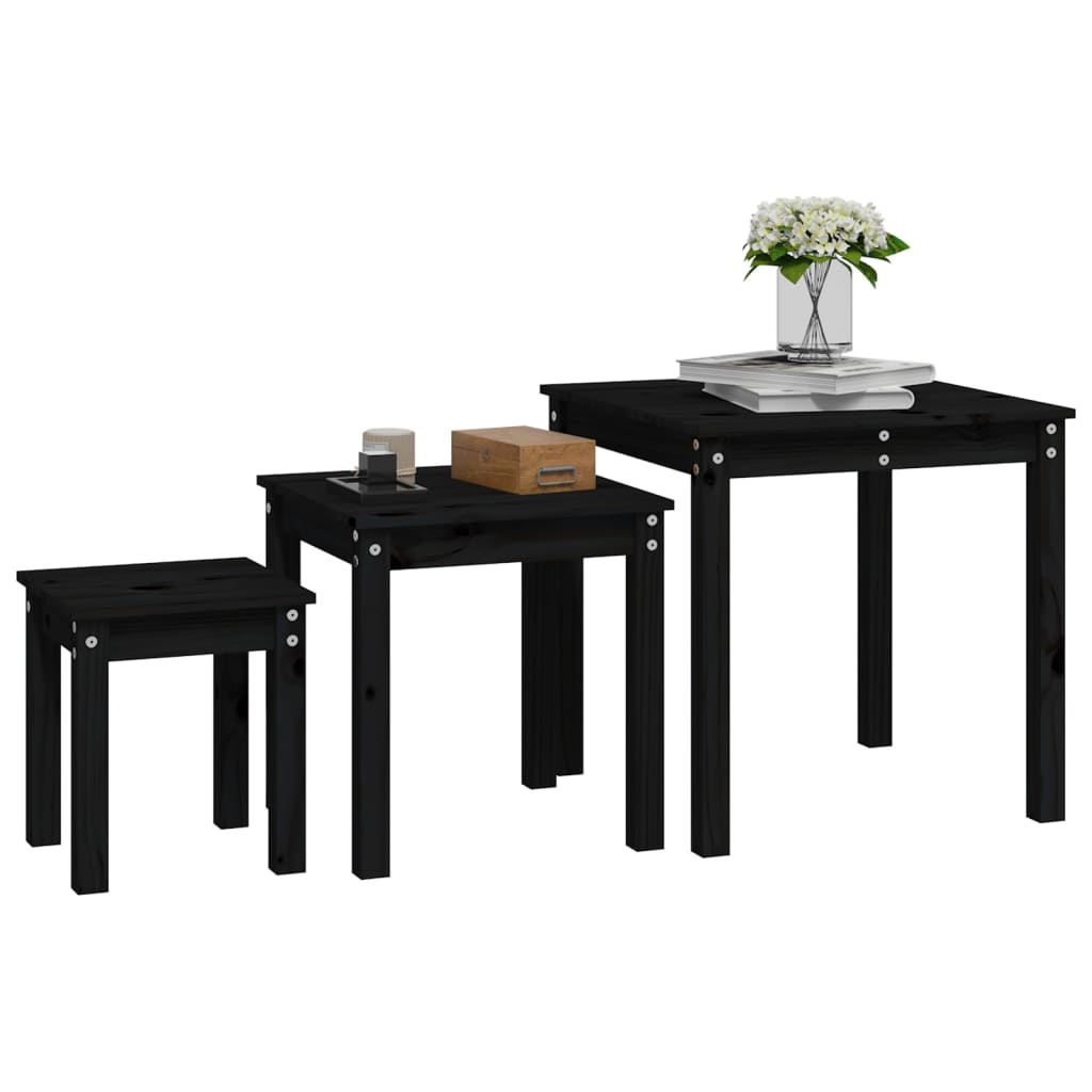 3-Piece Nesting Tables Set - Solid Pine Wood, Black