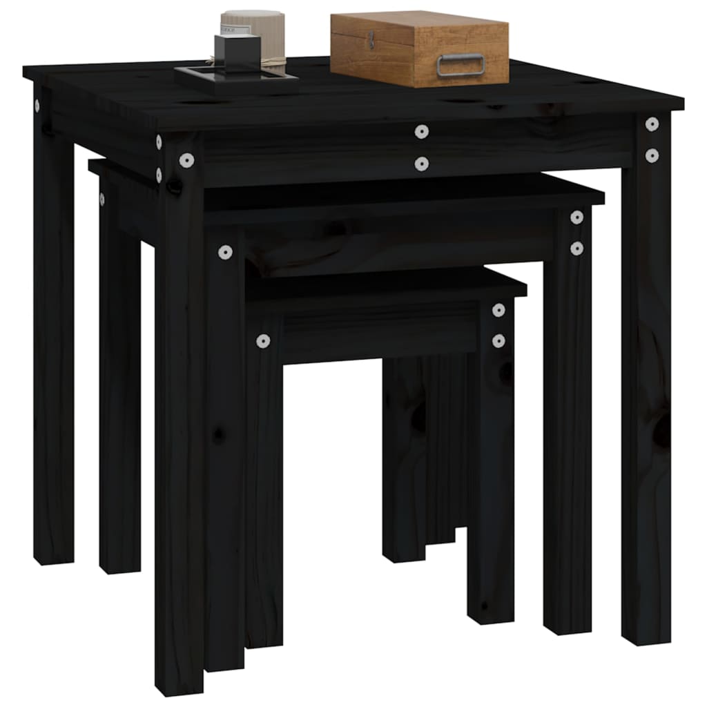 3-Piece Nesting Tables Set - Solid Pine Wood, Black