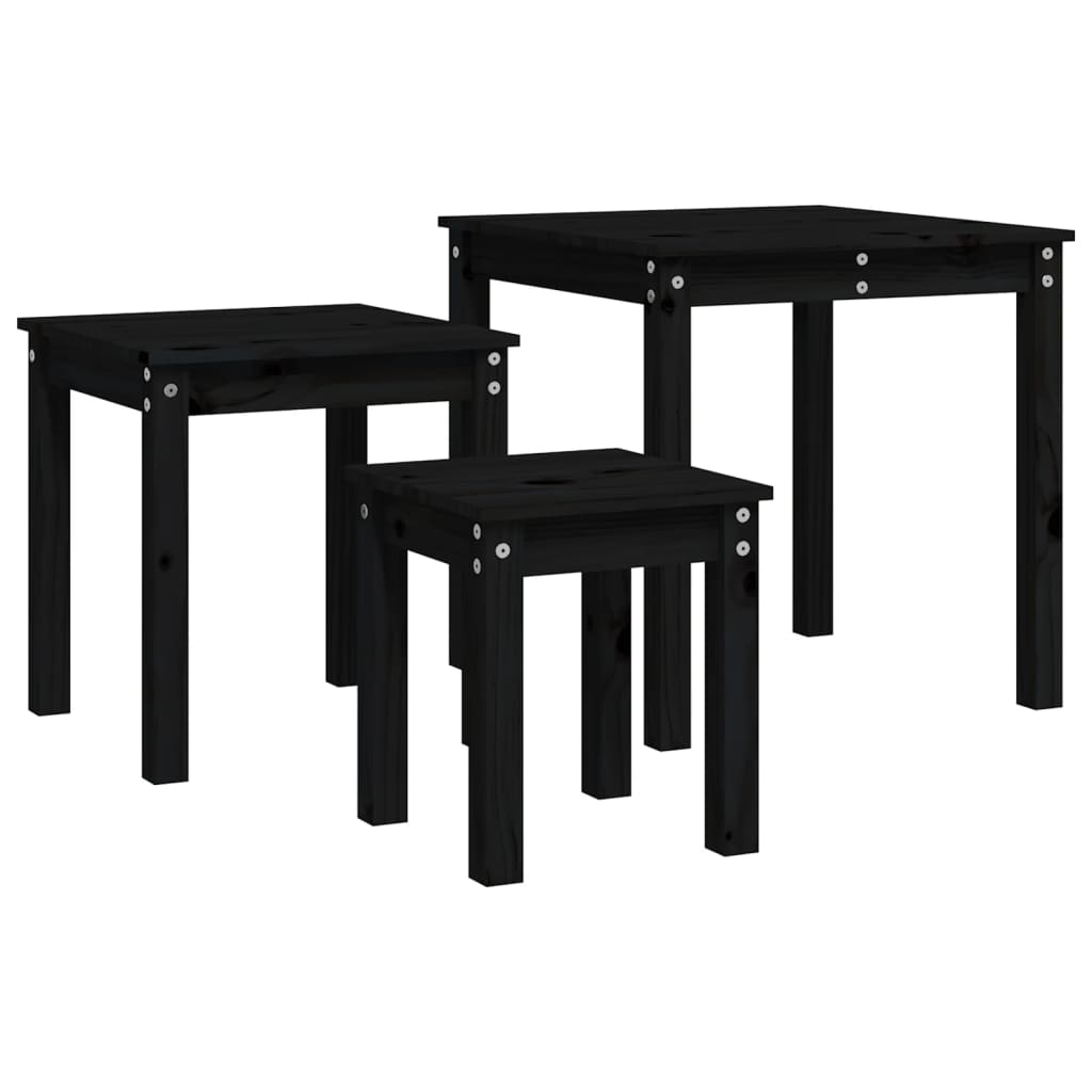 3-Piece Nesting Tables Set - Solid Pine Wood, Black