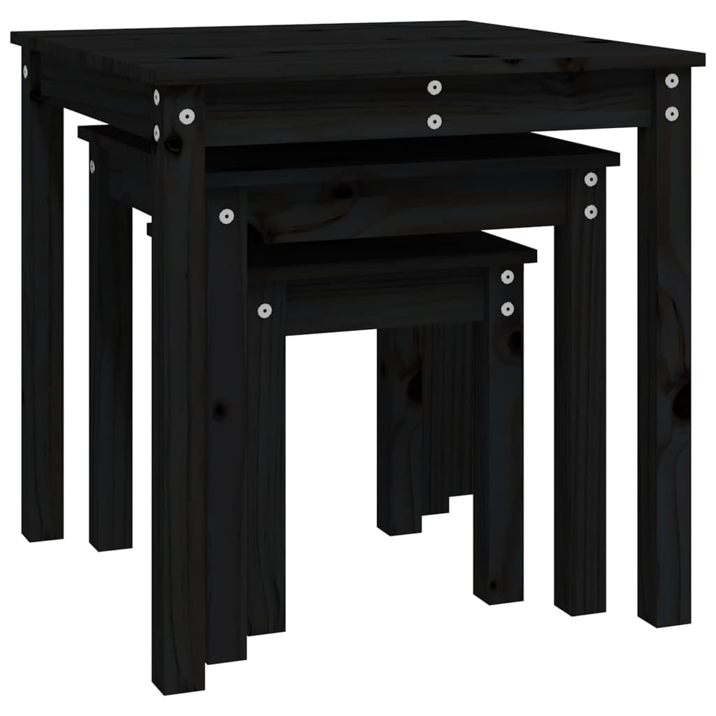 3-Piece Nesting Tables Set - Solid Pine Wood, Black