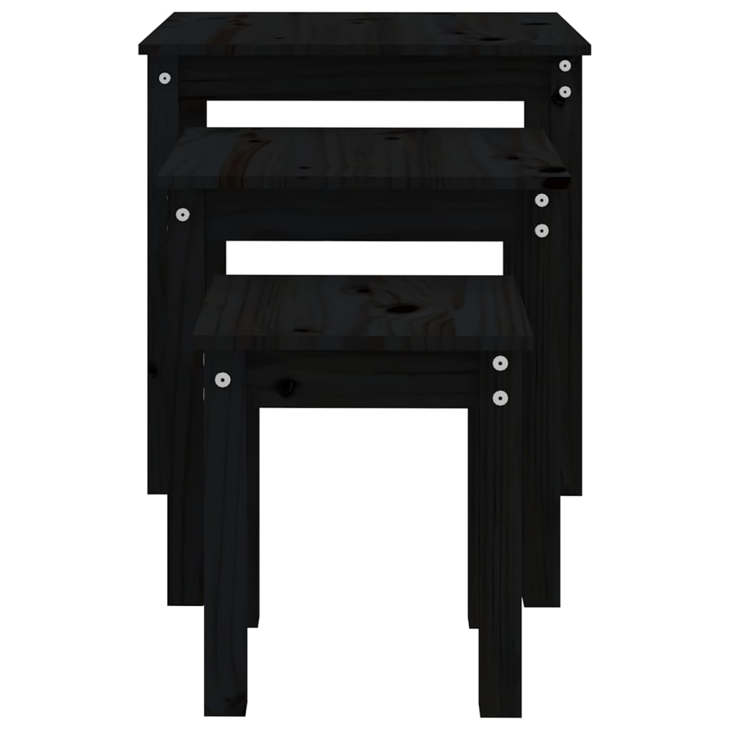 3-Piece Nesting Tables Set - Solid Pine Wood, Black