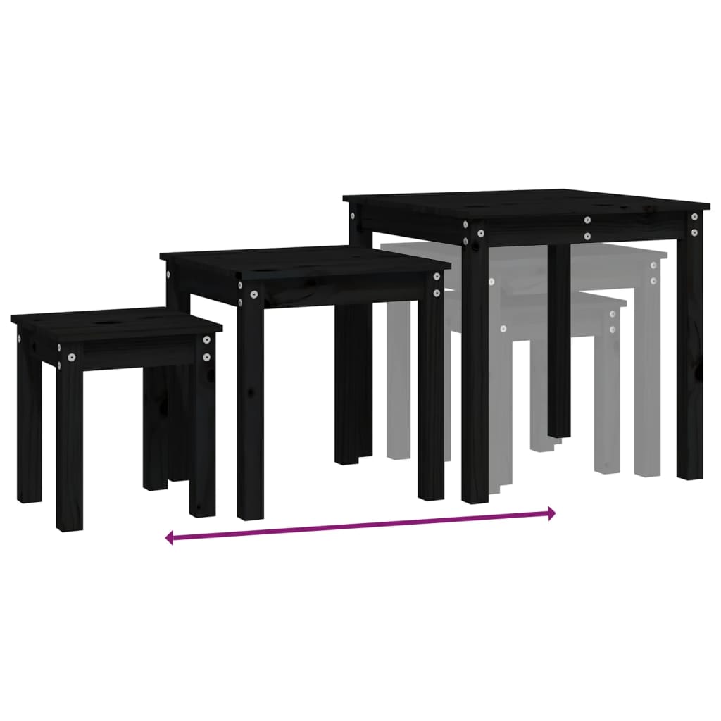 3-Piece Nesting Tables Set - Solid Pine Wood, Black