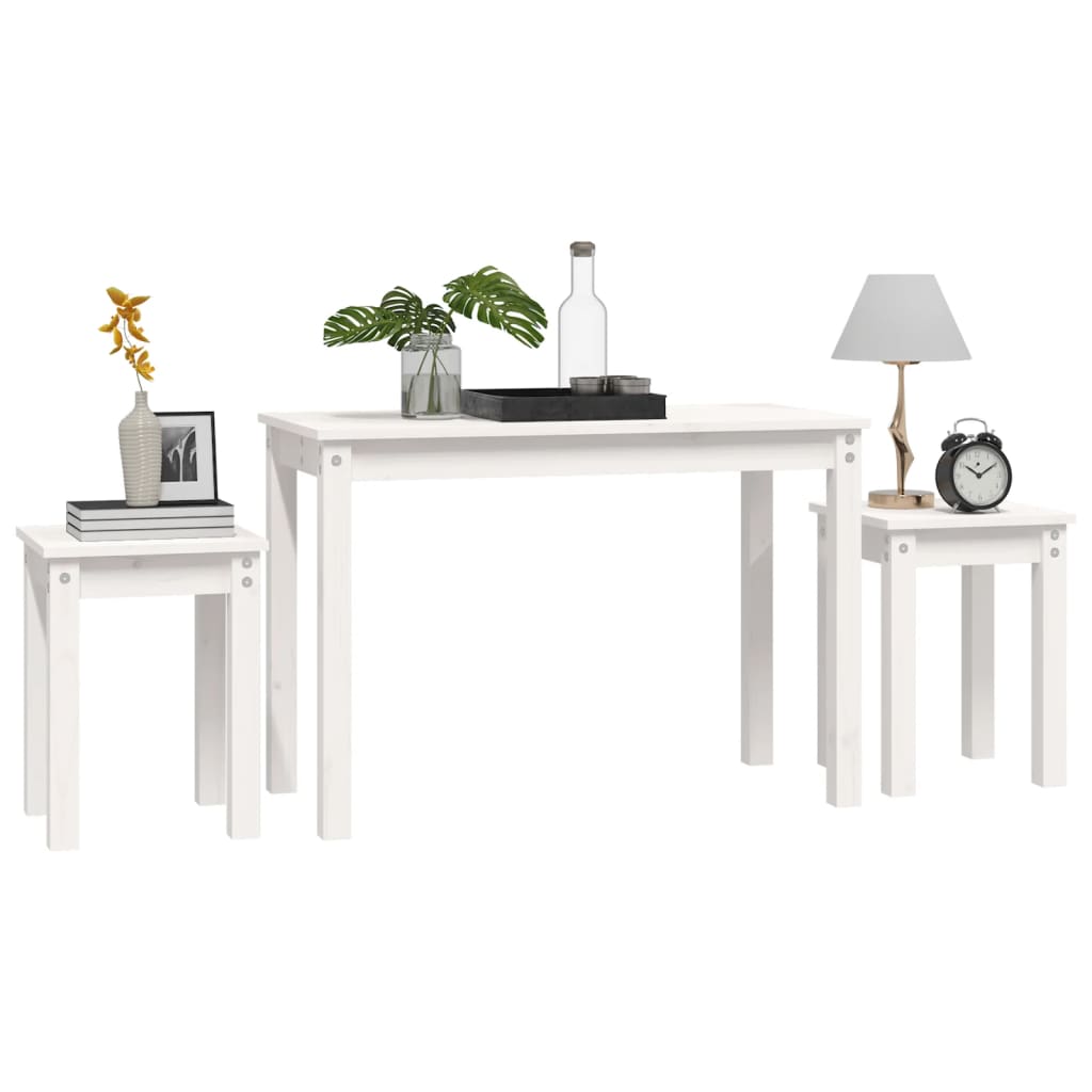 3-Piece White Solid Pine Wood Nesting Tables Set