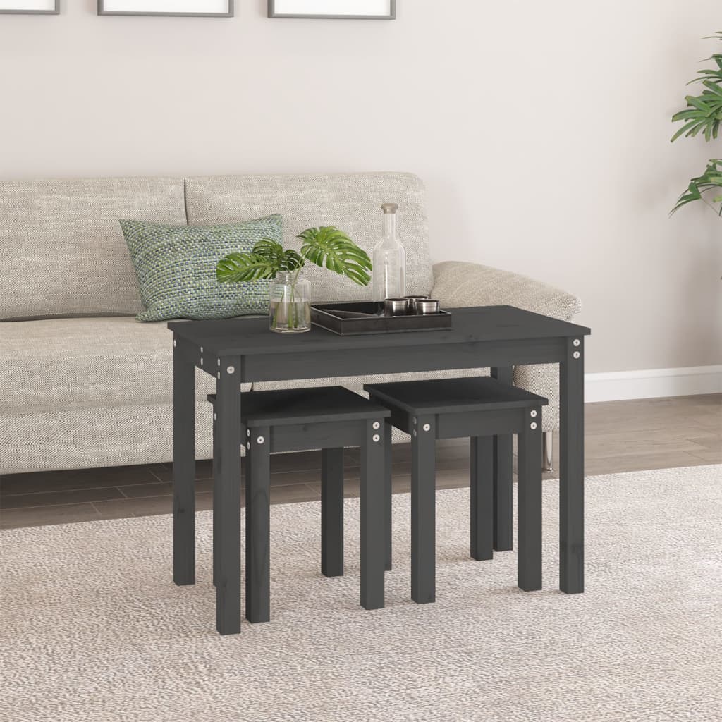 3-Piece Grey Pine Nesting Tables Set - Solid Wood Construction