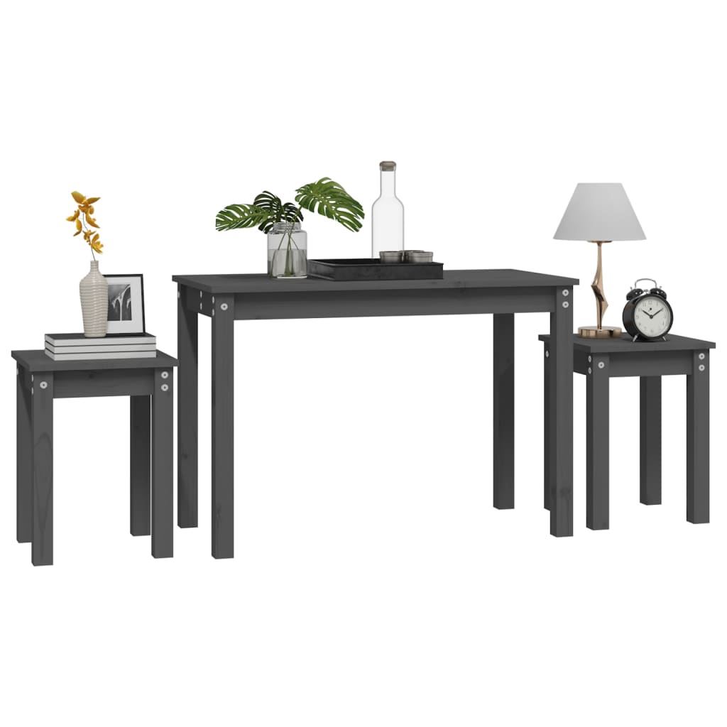 3-Piece Grey Pine Nesting Tables Set - Solid Wood Construction