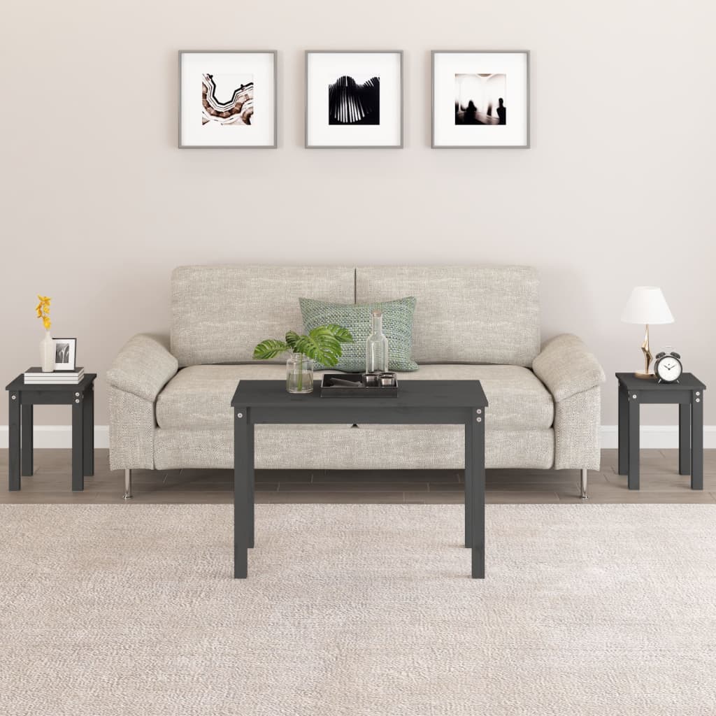 3-Piece Grey Pine Nesting Tables Set - Solid Wood Construction