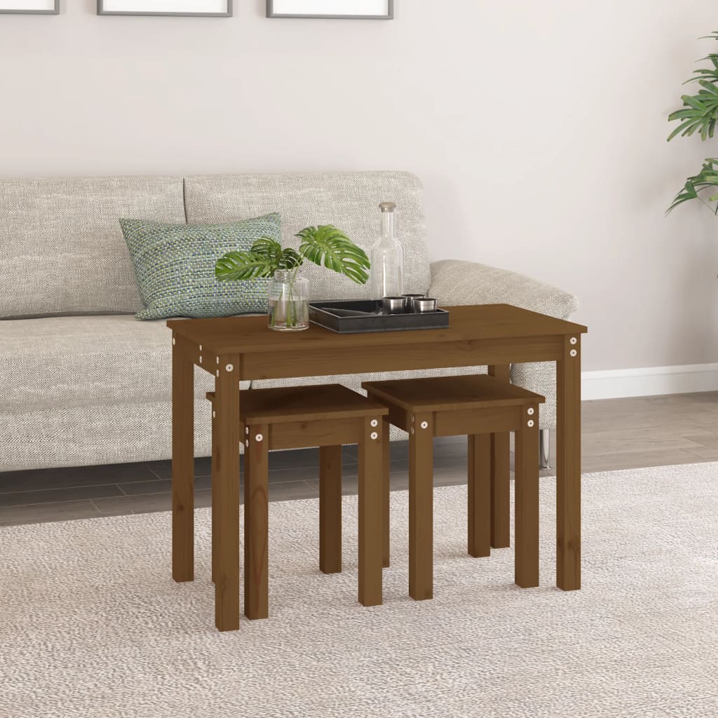 3-Piece Nesting Tables Set - Solid Pine Wood, Honey Brown