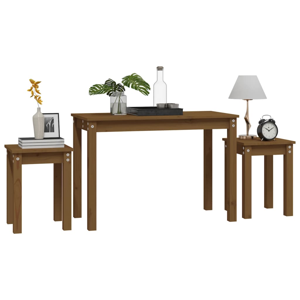 3-Piece Nesting Tables Set - Solid Pine Wood, Honey Brown