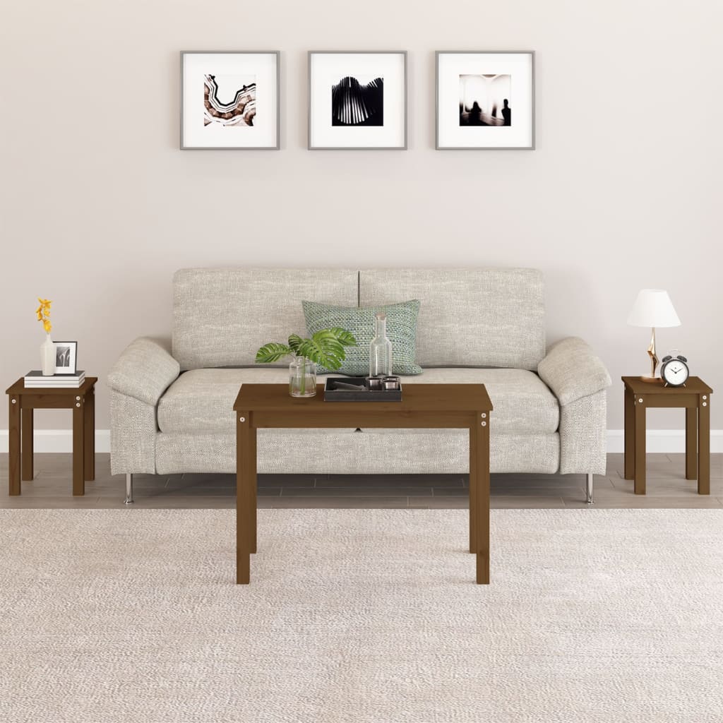 3-Piece Nesting Tables Set - Solid Pine Wood, Honey Brown