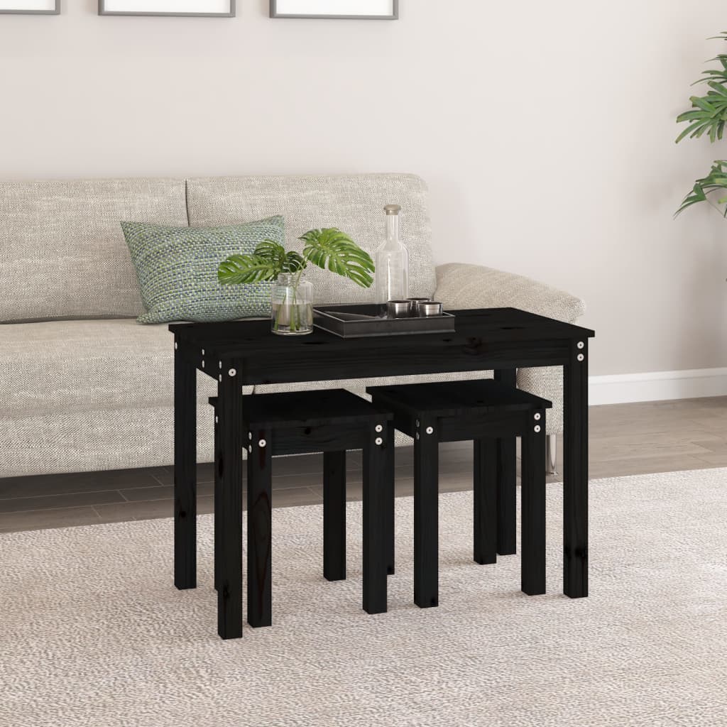 3-Piece Nesting Tables Set - Solid Pine Wood, Black