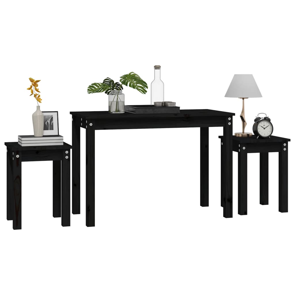 3-Piece Nesting Tables Set - Solid Pine Wood, Black