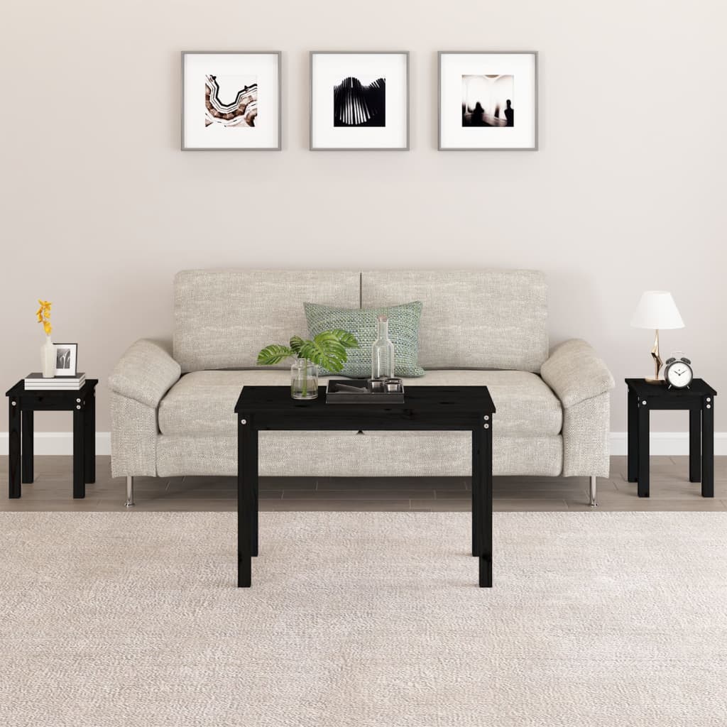 3-Piece Nesting Tables Set - Solid Pine Wood, Black
