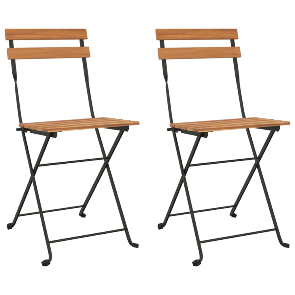 Teak & Steel Folding Bistro Chairs - 2 pcs Solid Wood Set