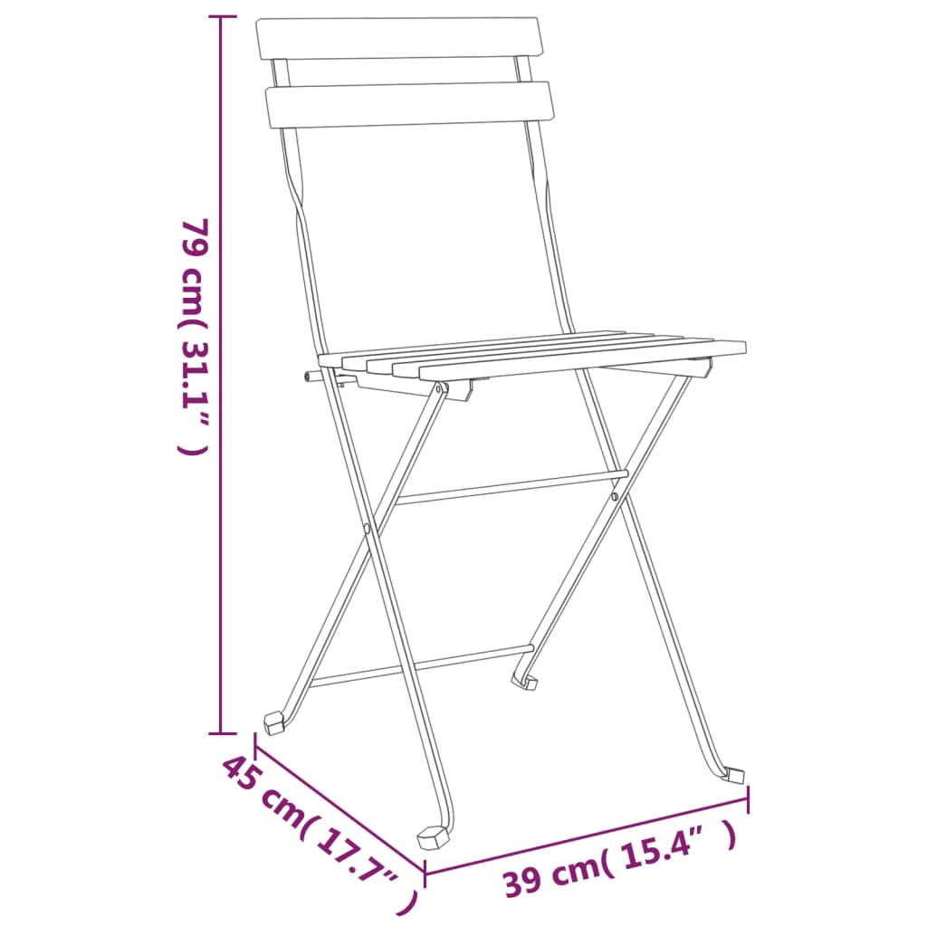 Teak & Steel Folding Bistro Chairs - 2 pcs Solid Wood Set