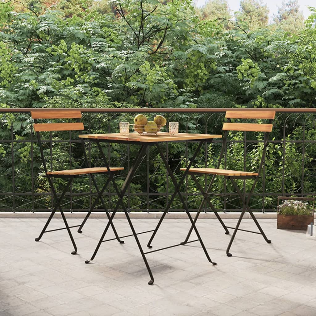 Teak & Steel Folding Bistro Chairs - 2 pcs Solid Wood Set
