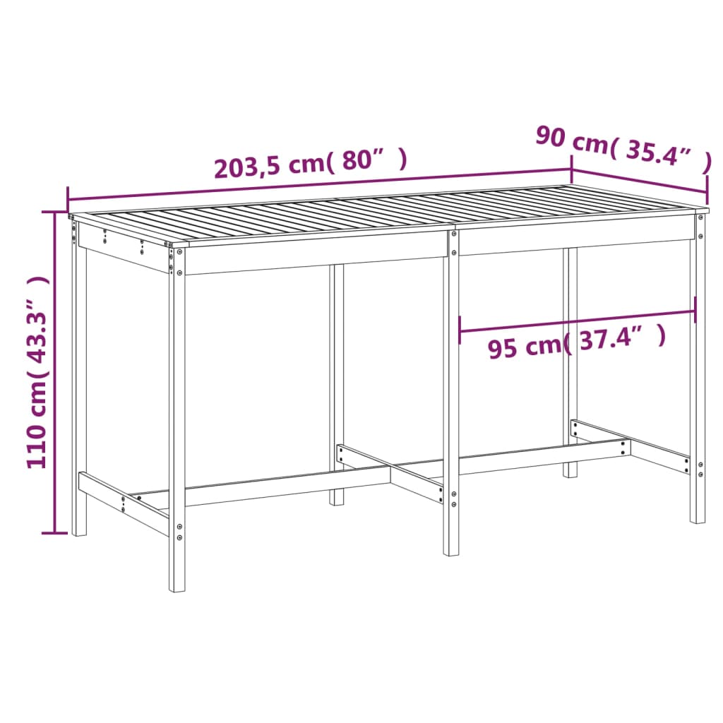 Solid Pine Wood Garden Table - 203.5x90x110 cm, Natural Finish